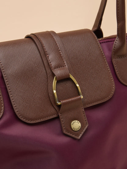 Joules Edie Zip Top Shopper Bag in burgundy with textured faux leather trim and branded hardware