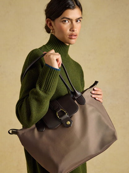 Joules Edie Shopper Bag - Mocha Brown Zip Top Tote Bag with Metallic Buckle