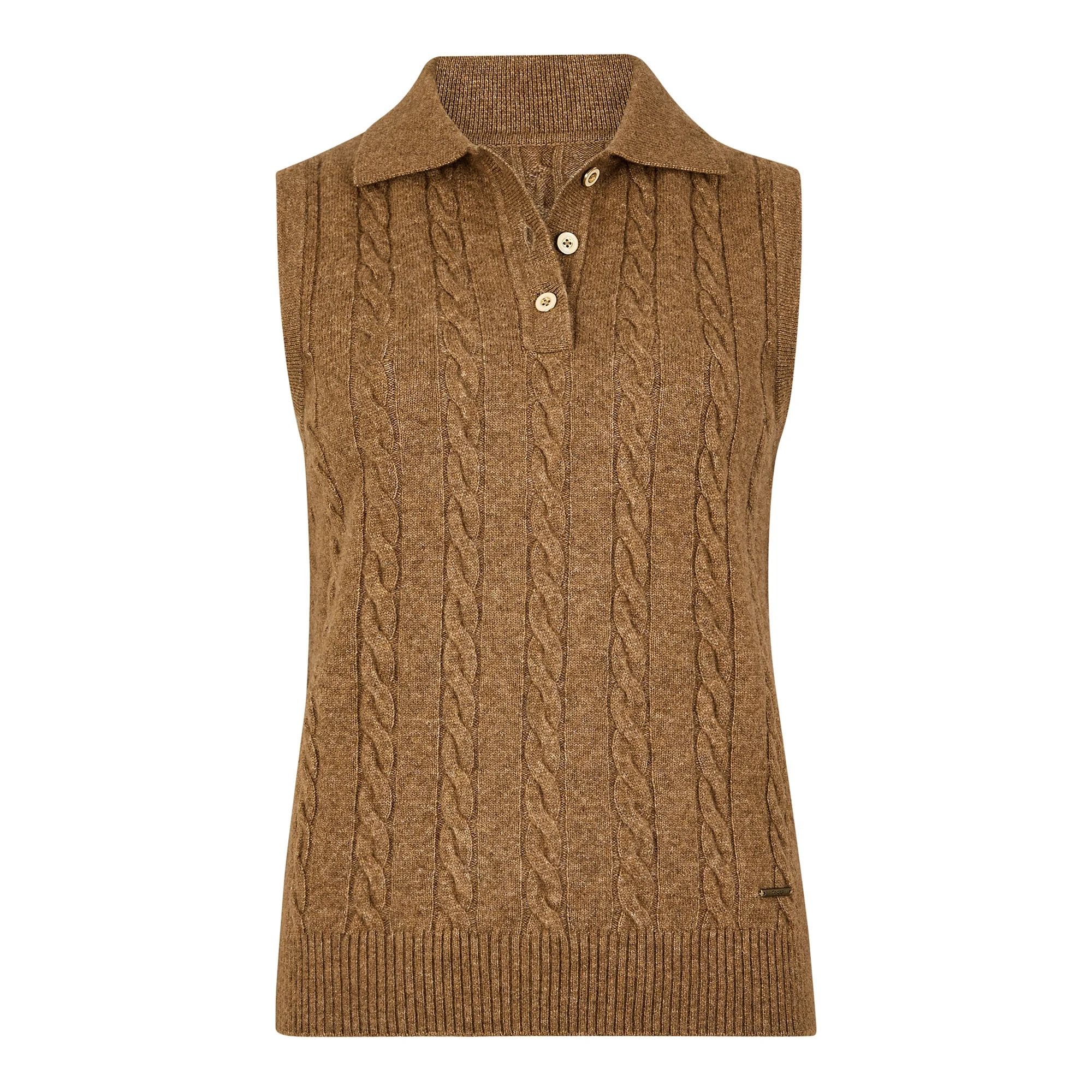 Toggi Kessel Women's Brown Sleeveless Cable Knit Polo Neck Sweater