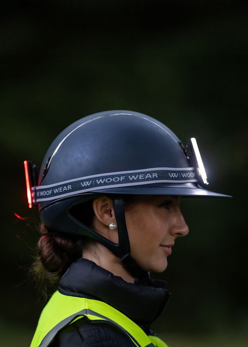 Equestrian Rider Wearing Woof Wear Safety Helmet with LED Lights | Horse Riding Safety Gear