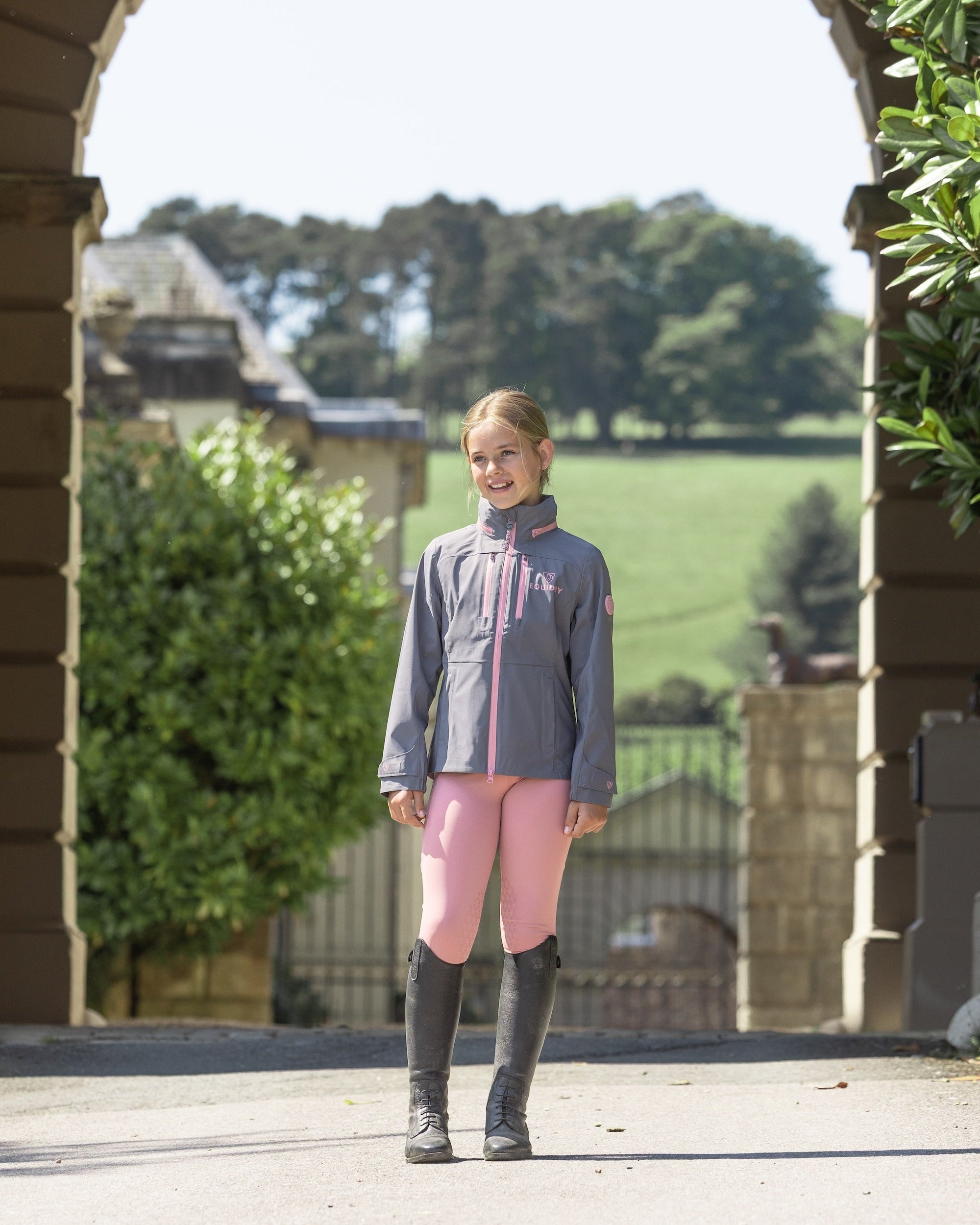 EQUIDRY Water Repellent Leggings Knee Grip Children's Pale Pink/Grey