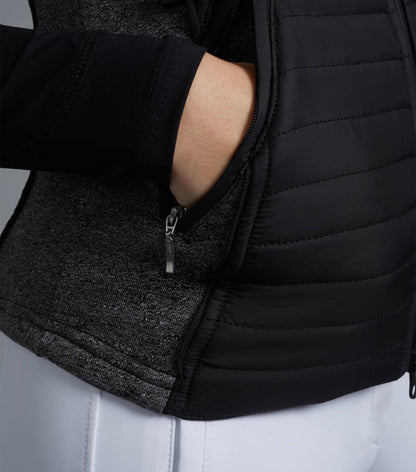 Close-up: PREMIER EQUINE Ladies Hybrid Technical Riding Gilet Black. Equiflair