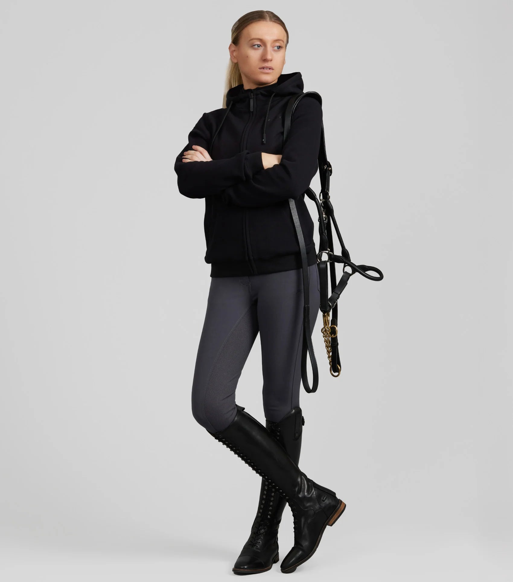 PREMIER EQUINE Legato Black Hooded Full-Zip Sweatshirt - Equestrian Apparel, Breathable Jacket for Women