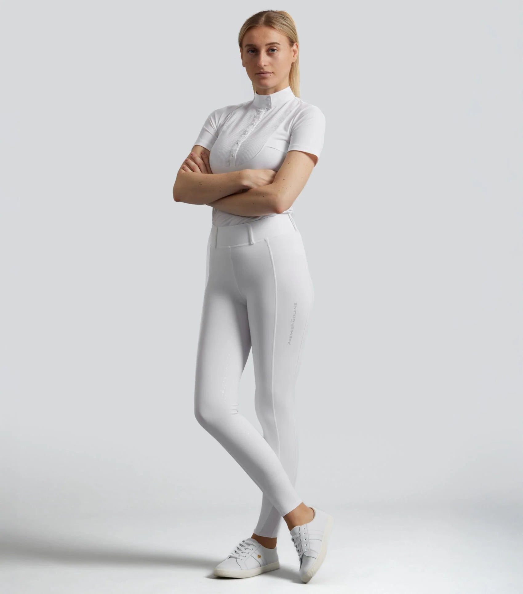Premier Equine Luceo Women's White Full Seat Competition Riding Tights. Equestrian apparel by Equiflair.