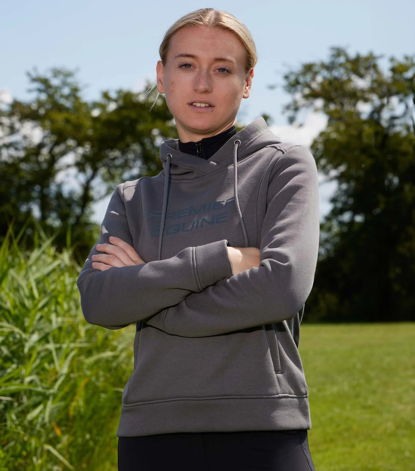 Premier Equine Lucia Ladies Hoodie Grey: Stylish equestrian hoodie in lightweight, breathable, 4-way stretch fabric. Available at Equiflair.