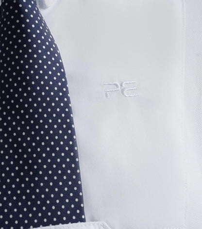 Premier Equine white equestrian short sleeve competition shirt with navy polka dot tie