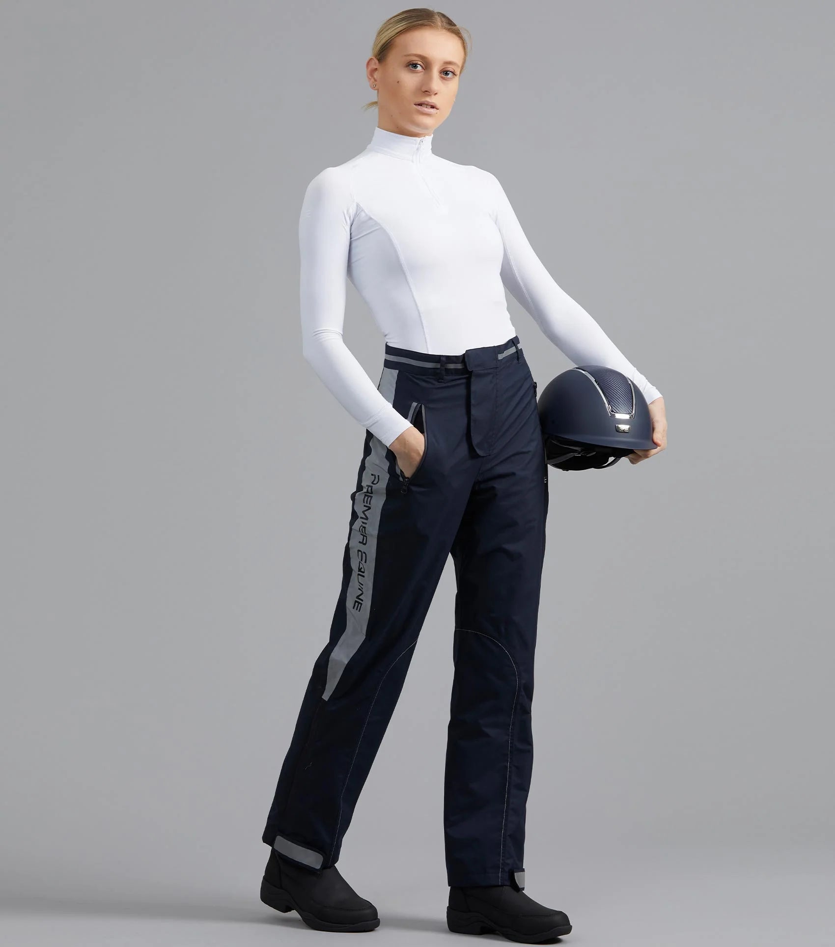 Premier Equine Lumen Reflective Unisex Riding Trousers Navy: Waterproof, high-visibility equestrian apparel from Equiflair.