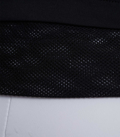 PREMIER EQUINE LYCRA VEST COMPETITION BIB BLACK: Close-up of fabric showing lycra, mesh, and number display.