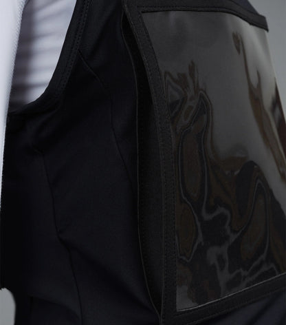 PREMIER EQUINE LYCRA VEST COMPETITION BIB BLACK: Equestrian show attire with number windows & body protector fit.