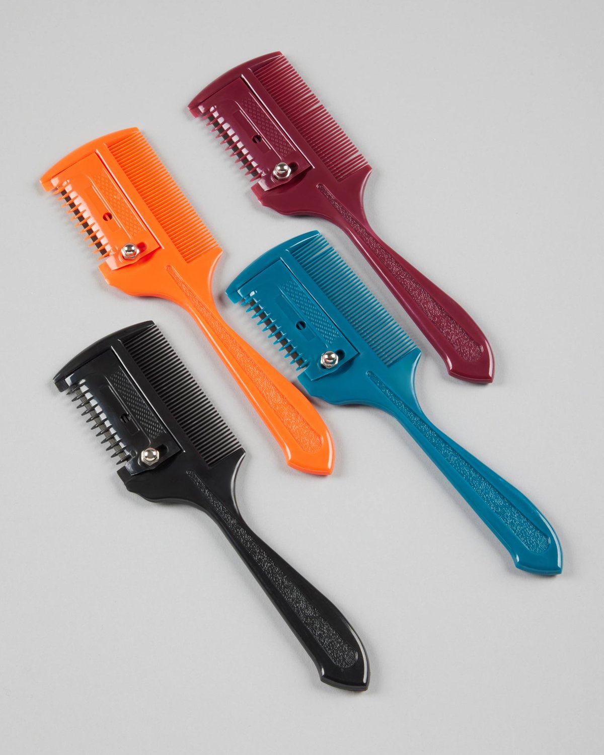 Colorful Mane Thinning Combs: Black, Orange, Teal, and Wine Hair Tools for Equestrian Grooming