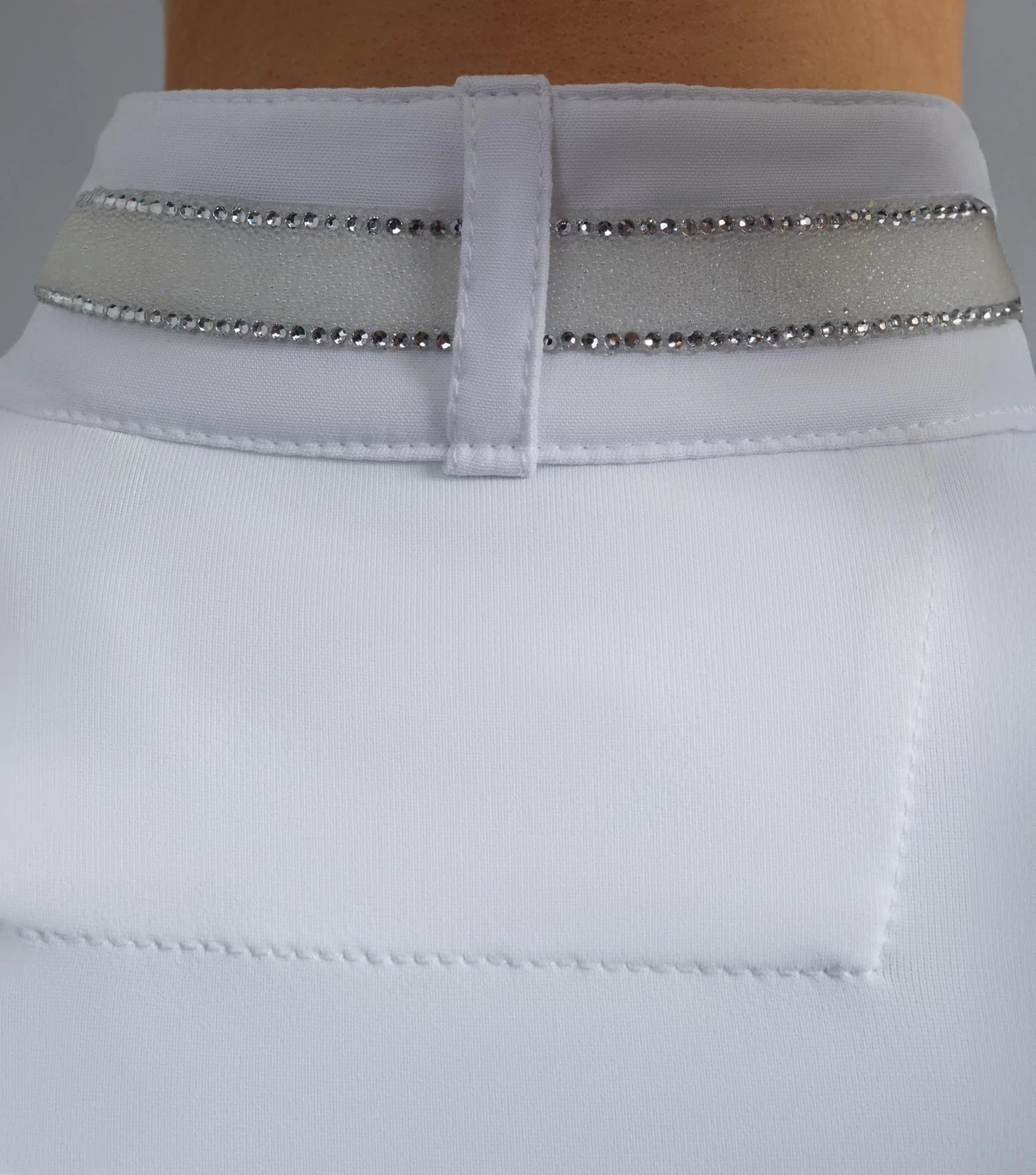 Premier Equine Maria Diamante White Show Shirt Back View: Elegant competition apparel for riders, sparkling crystal details on the collar.