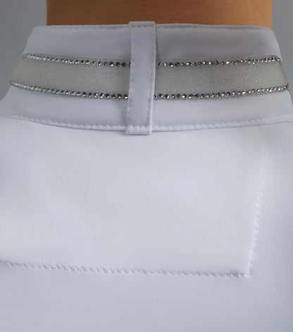 Premier Equine Maria Diamante White Show Shirt Back View: Elegant competition apparel for riders, sparkling crystal details on the collar.