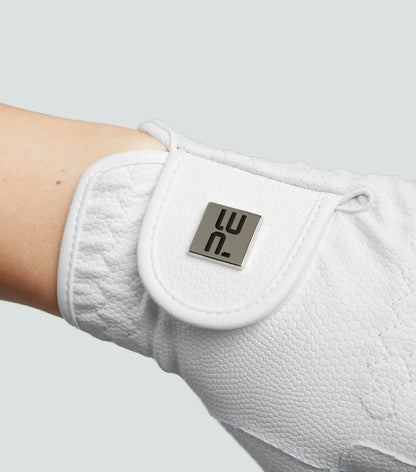 Premier Equine Metaro Ladies Riding Gloves White - Competition Equestrian Glove with Reptilian Grip & Adjustable Fastening.