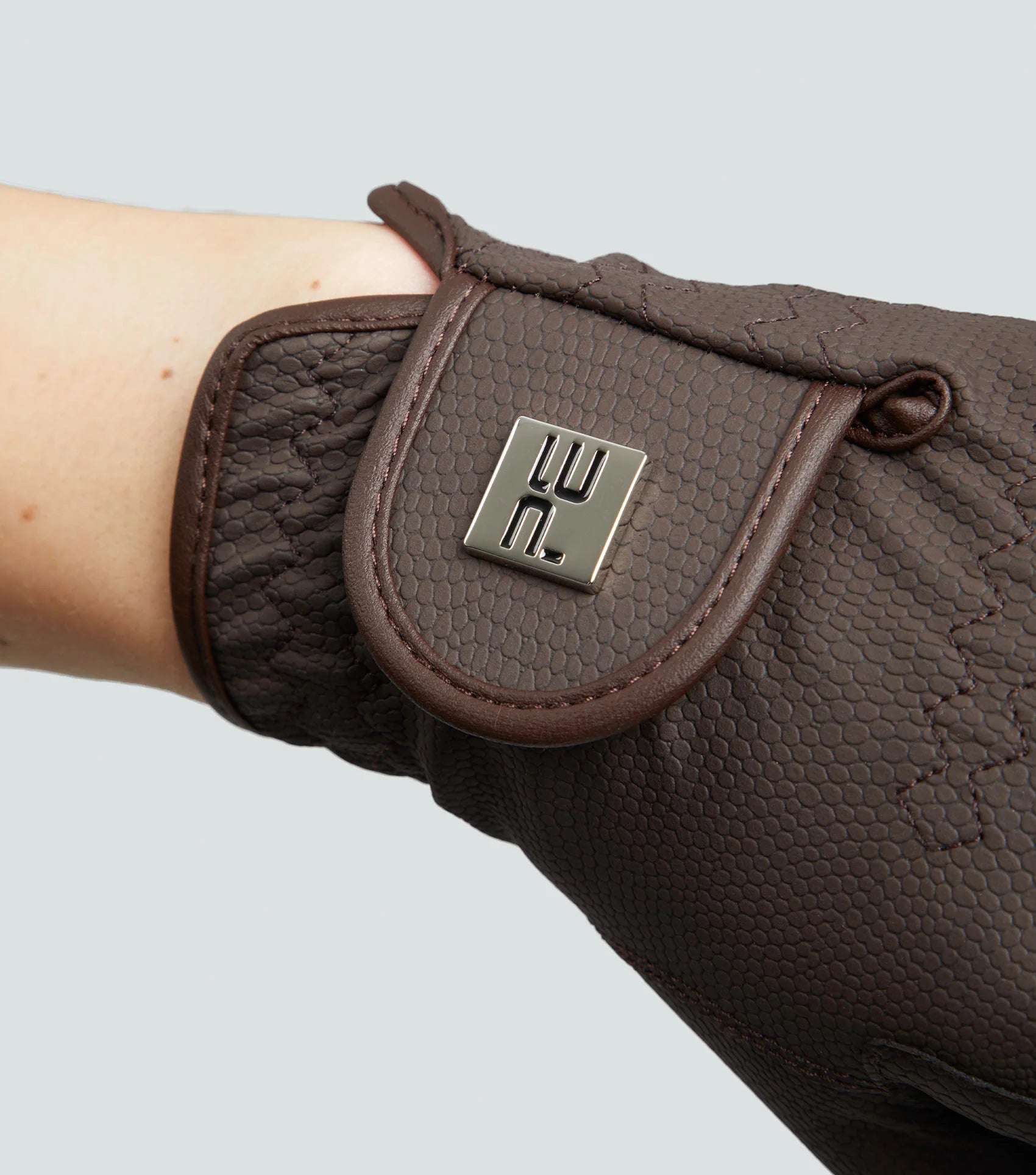 Premier Equine Metaro Brown Leather Riding Gloves for Ladies with Reptilian Texture & Touchscreen Compatibility