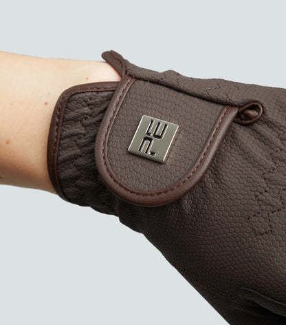 Premier Equine Metaro Brown Leather Riding Gloves for Ladies with Reptilian Texture & Touchscreen Compatibility