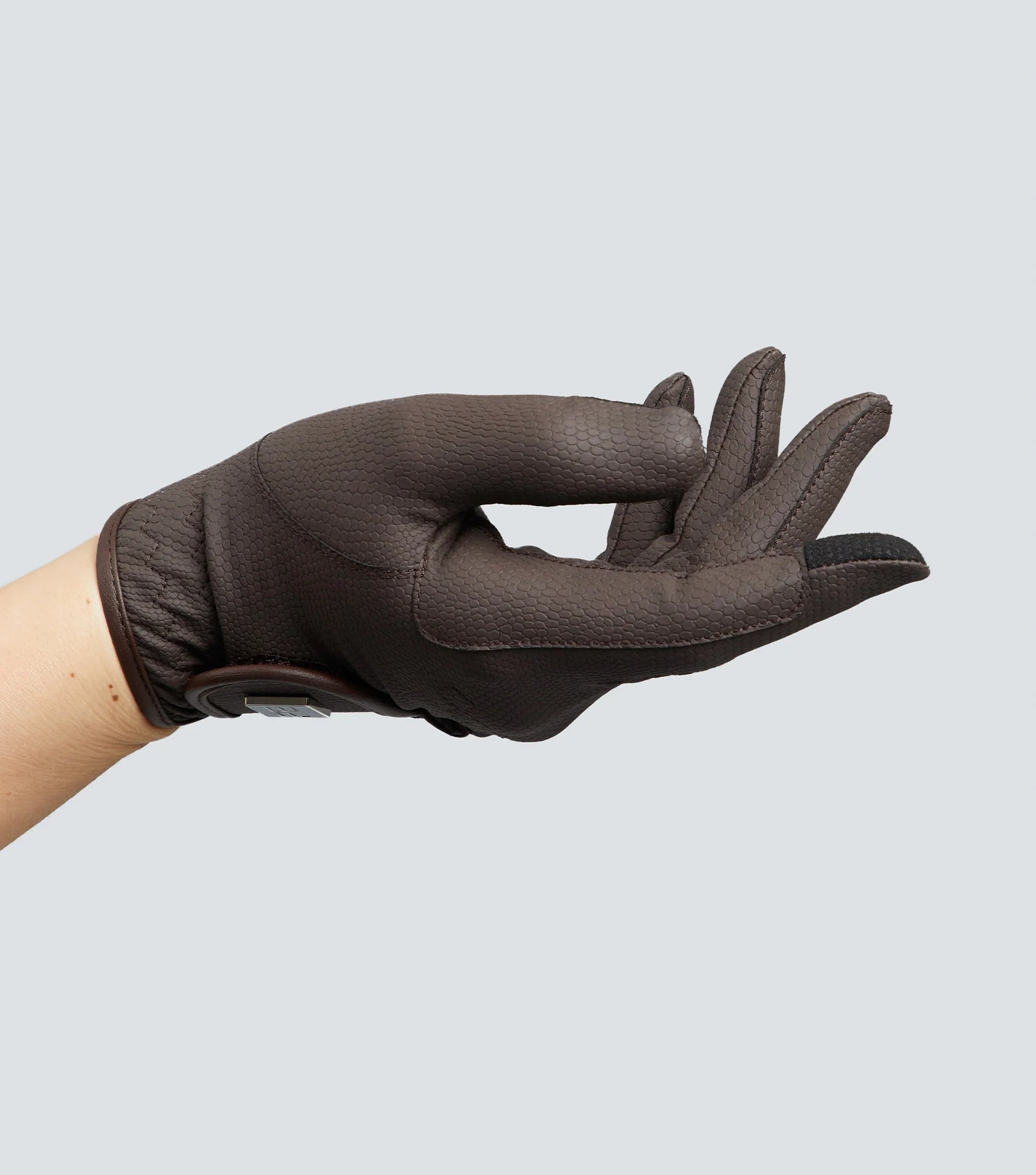 Premier Equine Metaro Ladies Brown Riding Gloves: Leather, Grip, OK sign hand, Touchscreen Friendly