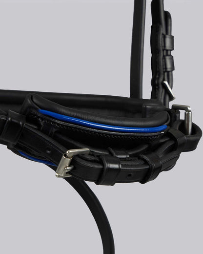 PREMIER EQUINE MINEO Pony Snaffle Bridle Black: Stylish Leather Equestrian Bridle with Blue Accent.