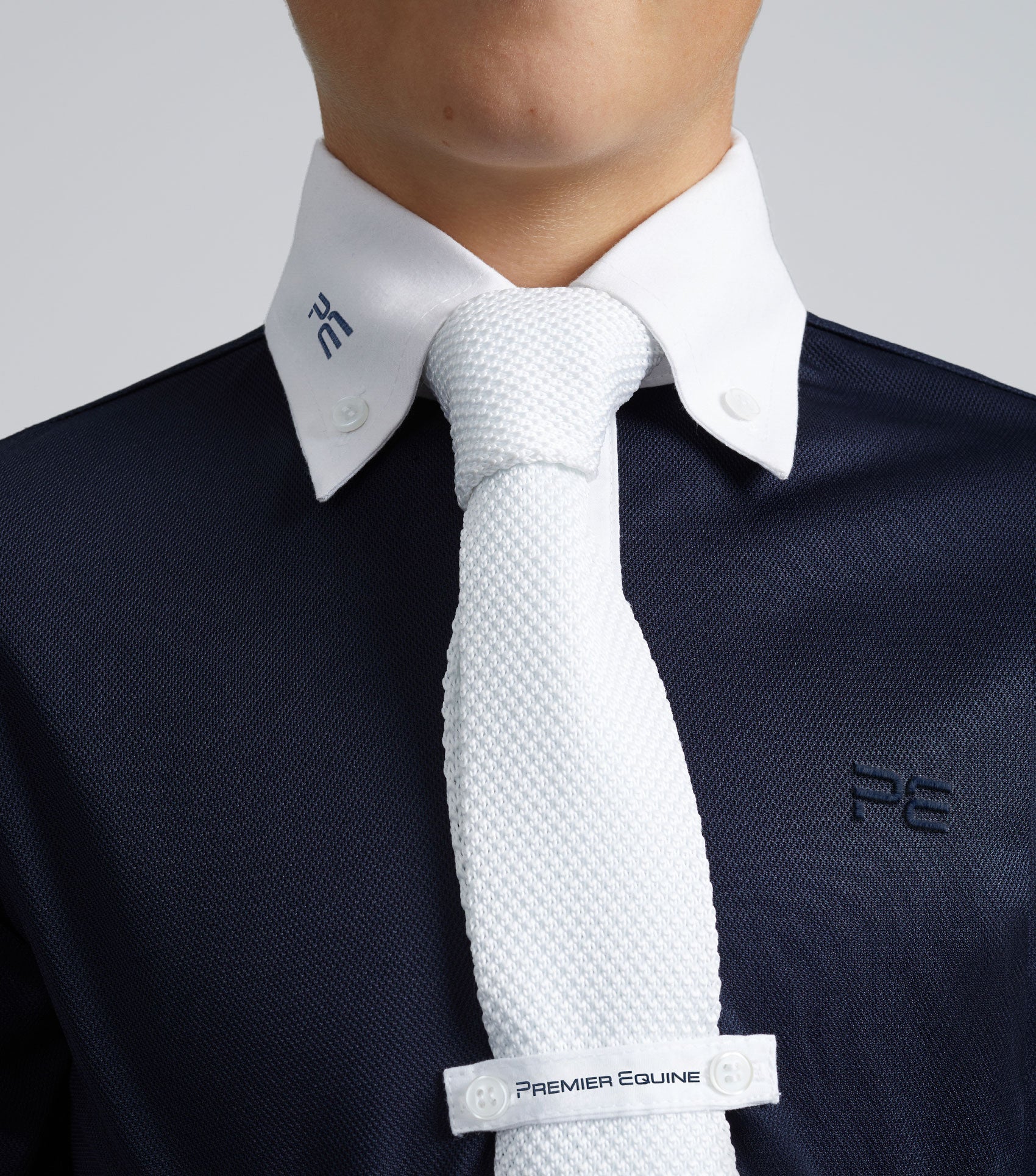 Premier Equine Boy's Equestrian Show Shirt. Navy competition shirt with white collar and tie.