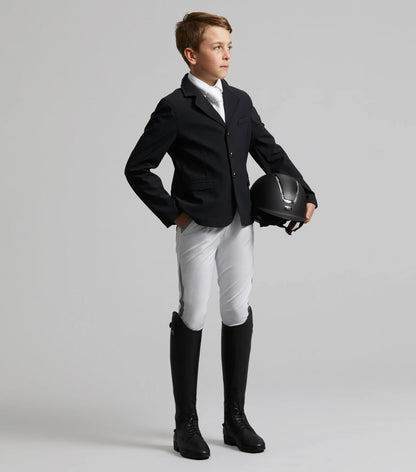 Boy equestrian, Black riding jacket, white breeches, helmet, riding boots, kid horse riding apparel