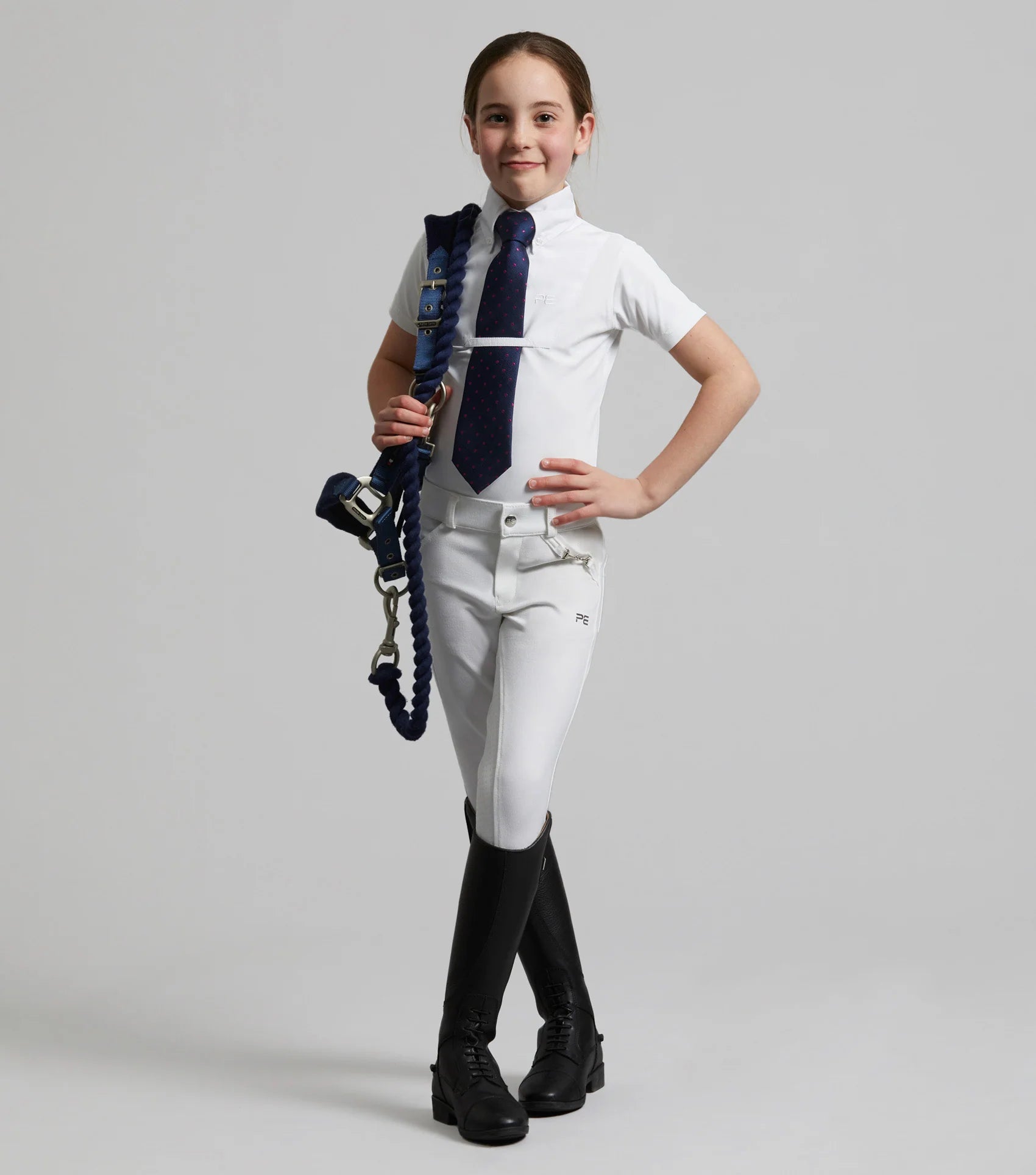 Girl in Premier Equine White Show Shirt, Equestrian Attire, Horse Riding Competition Outfit