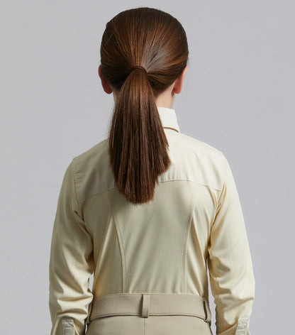 Premier Equine Tessa Girls Beige Show Shirt. Equestrian riding apparel. Long sleeve button-down shirt with ponytail.