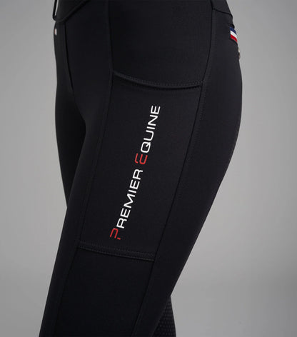 Premier Equine Mirillo Ladies Black Riding Tights - Full Seat Gel, Equestrian Leggings with Phone Pockets