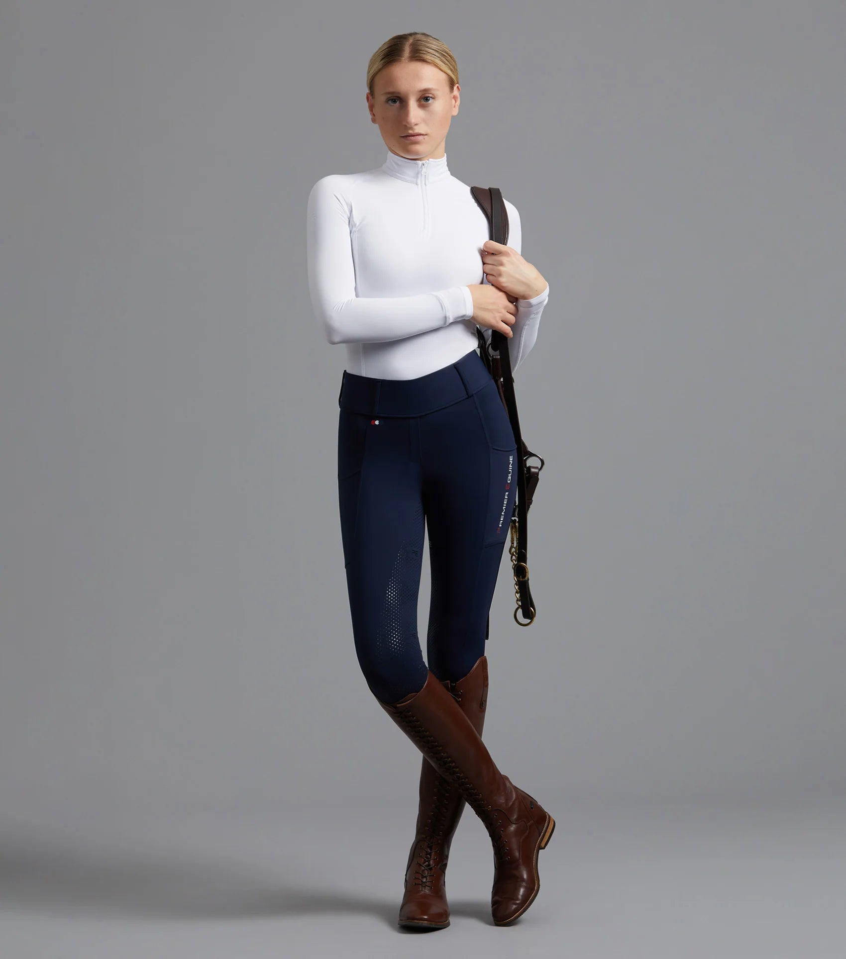Premier Equine Mirillo Navy Riding Tights: Equestrian Style, Full Seat Gel, Women's Horse Riding Apparel.