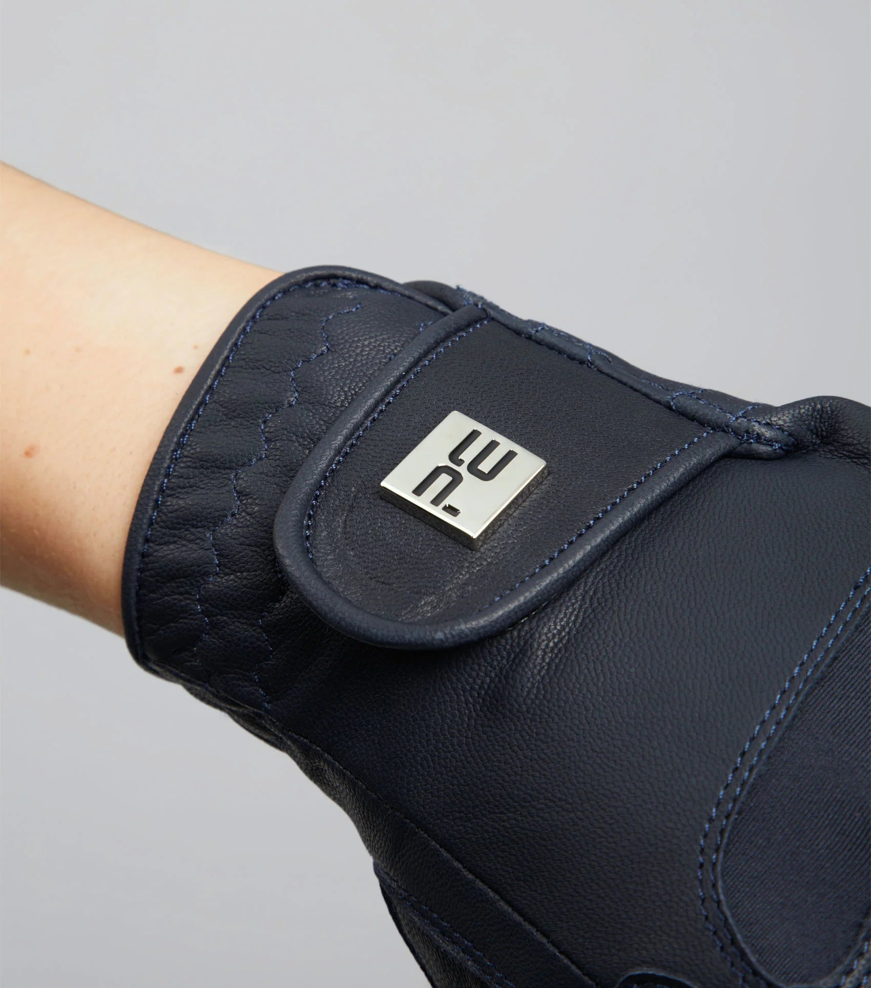 Premier Equine Ladies Navy Leather Riding Gloves with Logo. Comfortable & Stylish Equestrian Gloves.