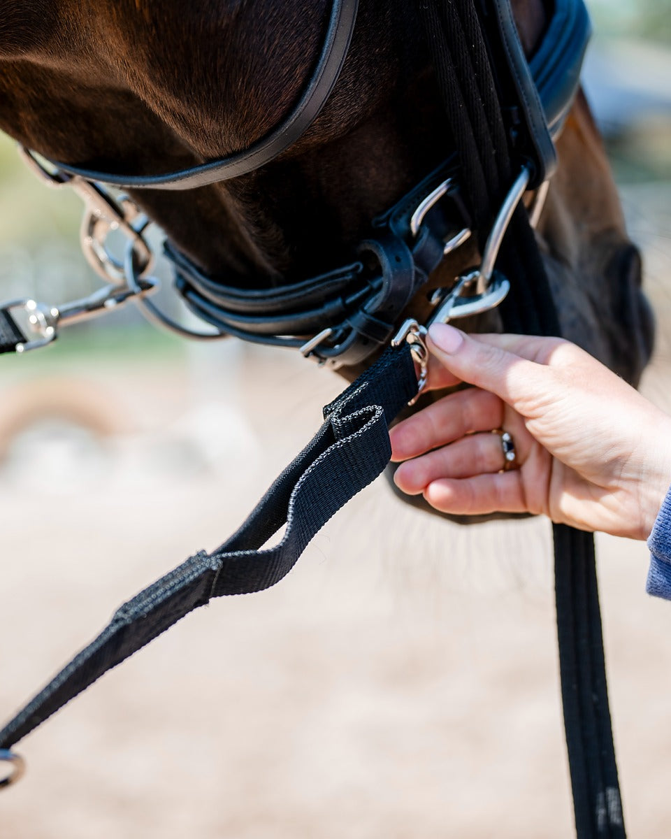 Cameo Black Side Reins Attached to Horse Bridle: Elasticated Lunging & Schooling Rein
