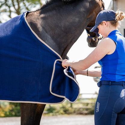 CAMEO Elevate Navy Horse Show Rug being fitted - equestrian travel & stable blanket