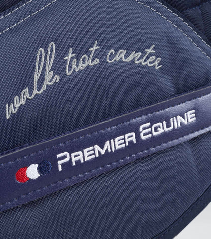 Premier Equine My Pony Jack Navy Saddle Pad: "walk, trot, canter" equestrian detail, close up.