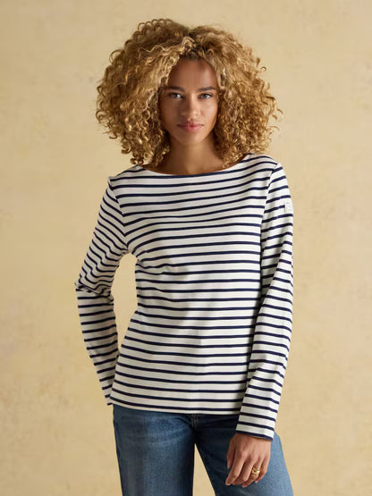 Joules Harbour Cream & Navy Boat Neck Long Sleeve Breton Stripe Top - T-Shirts, Polos & Tops Clothing Leisure Wear UK 8