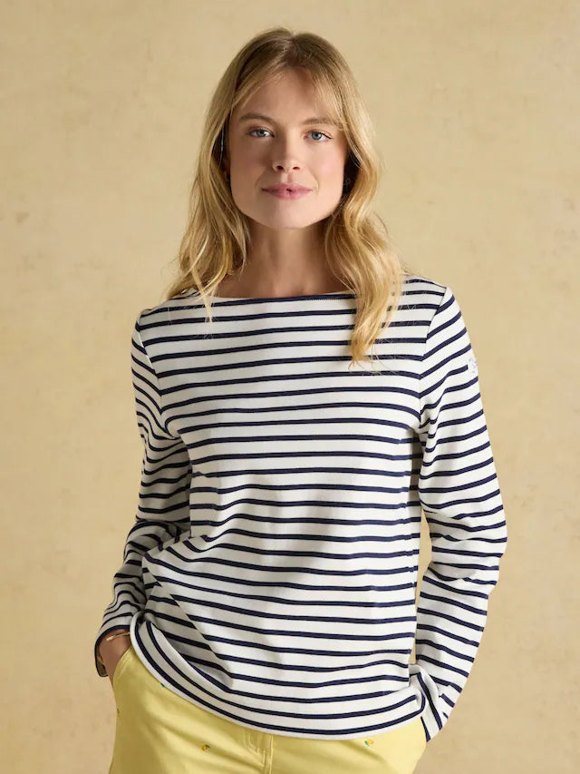 Joules Harbour Top: Cream & Navy Striped Breton Shirt, Long Sleeve, Boat Neck
