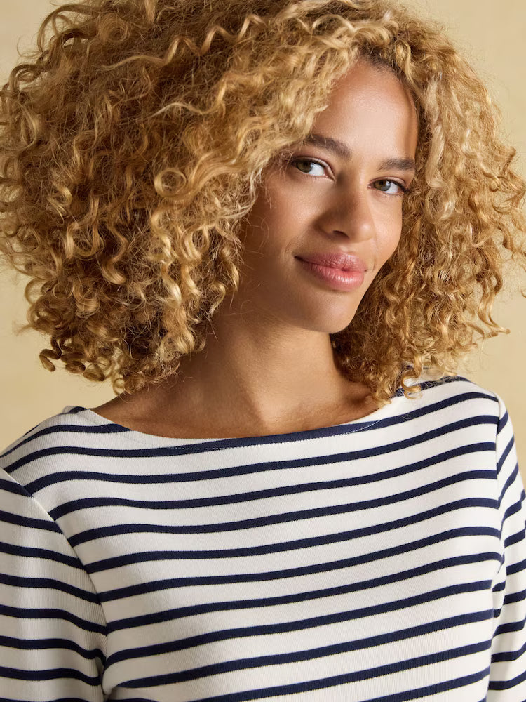 Joules Harbour Cream & Navy Boat Neck Long Sleeve Breton Stripe Top