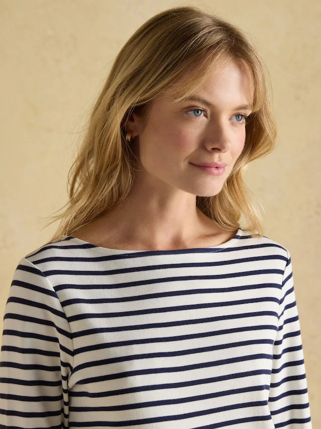 JOULES HARBOUR TOP Cream/Navy Breton Shirt - Classic Striped Style from Equiflair. Woman wearing.