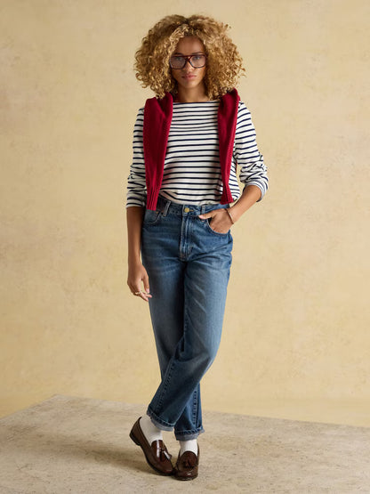 Joules Harbour Cream & Navy Boat Neck Long Sleeve Breton Stripe Top
