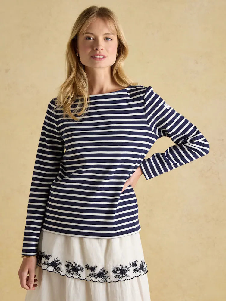 JOULES HARBOUR TOP NAVY/WHITE Striped Cotton Breton Women's Top | Equiflair