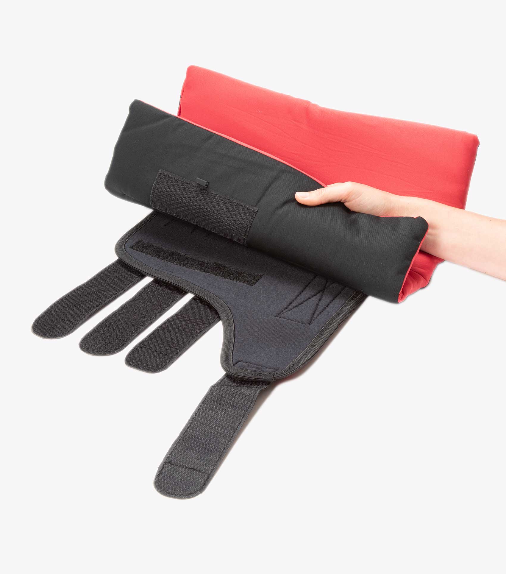 Horse Leg Wrap Liners - Infrared Therapy for Recovery, Nano-Tec Technology, Cotton. Pair of black and red liners.