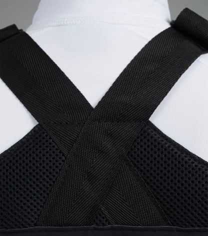 Black Competition Bib Back View: Equestrian Number Holder, Adjustable Straps, Mesh Panel