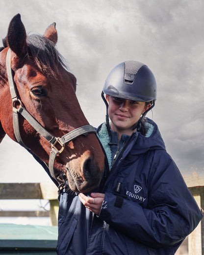 Evolution Women's Warm Waterproof Long Horse Riding Coat Thick Fleece Lining Cosy Fleece Lined Hood in Navy/Jade rider with horse