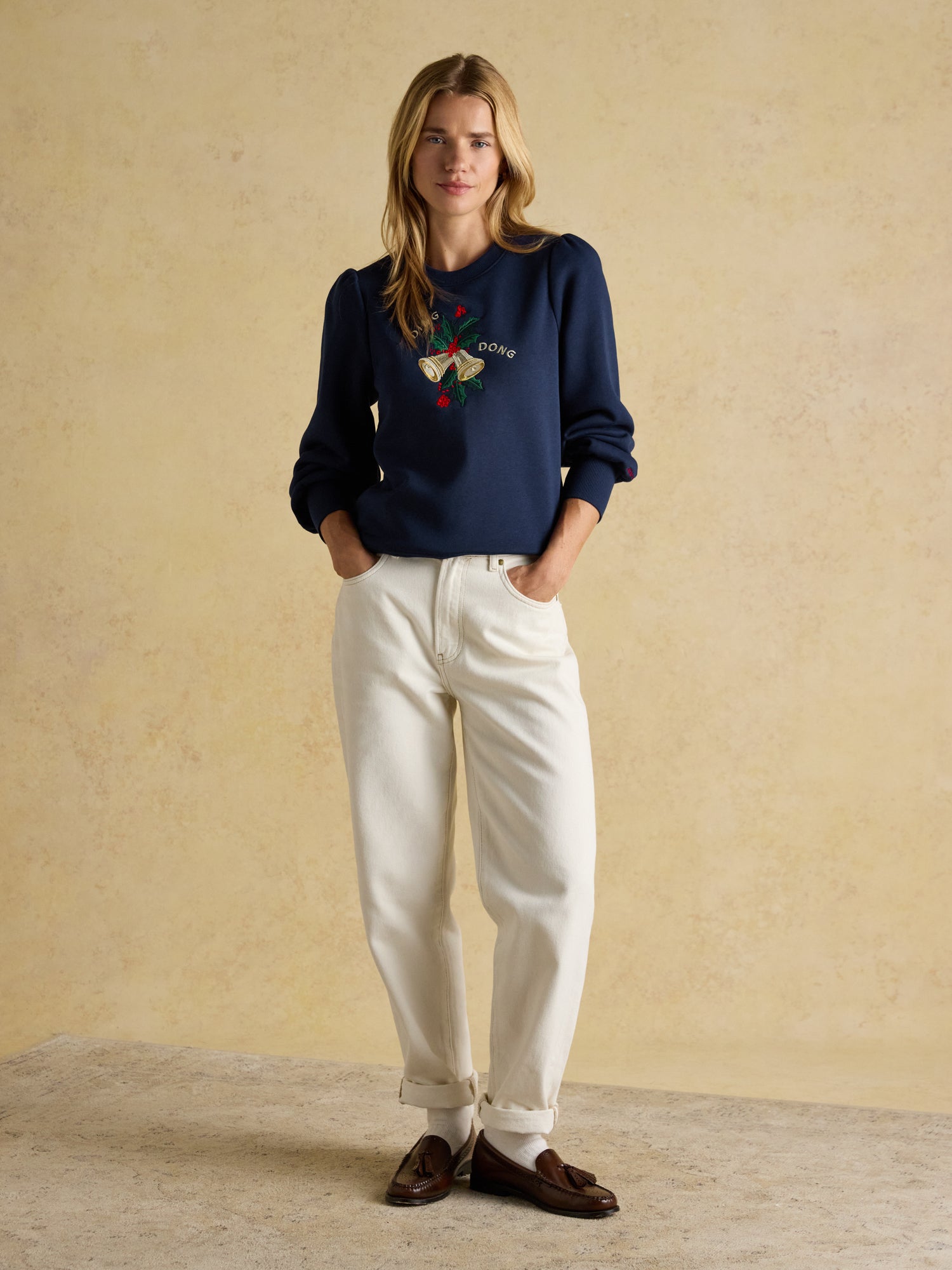 JOULES Robyn Navy Sweatshirt with embroidered bells and Holly. Long sleeve, Crew neck, casual style. Equiflair brand.