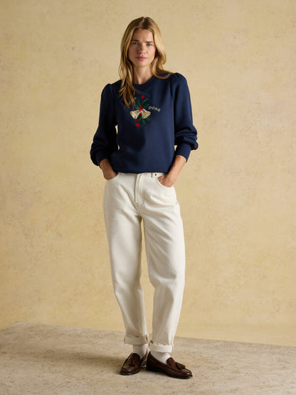 JOULES Robyn Navy Sweatshirt with embroidered bells and Holly. Long sleeve, Crew neck, casual style. Equiflair brand.
