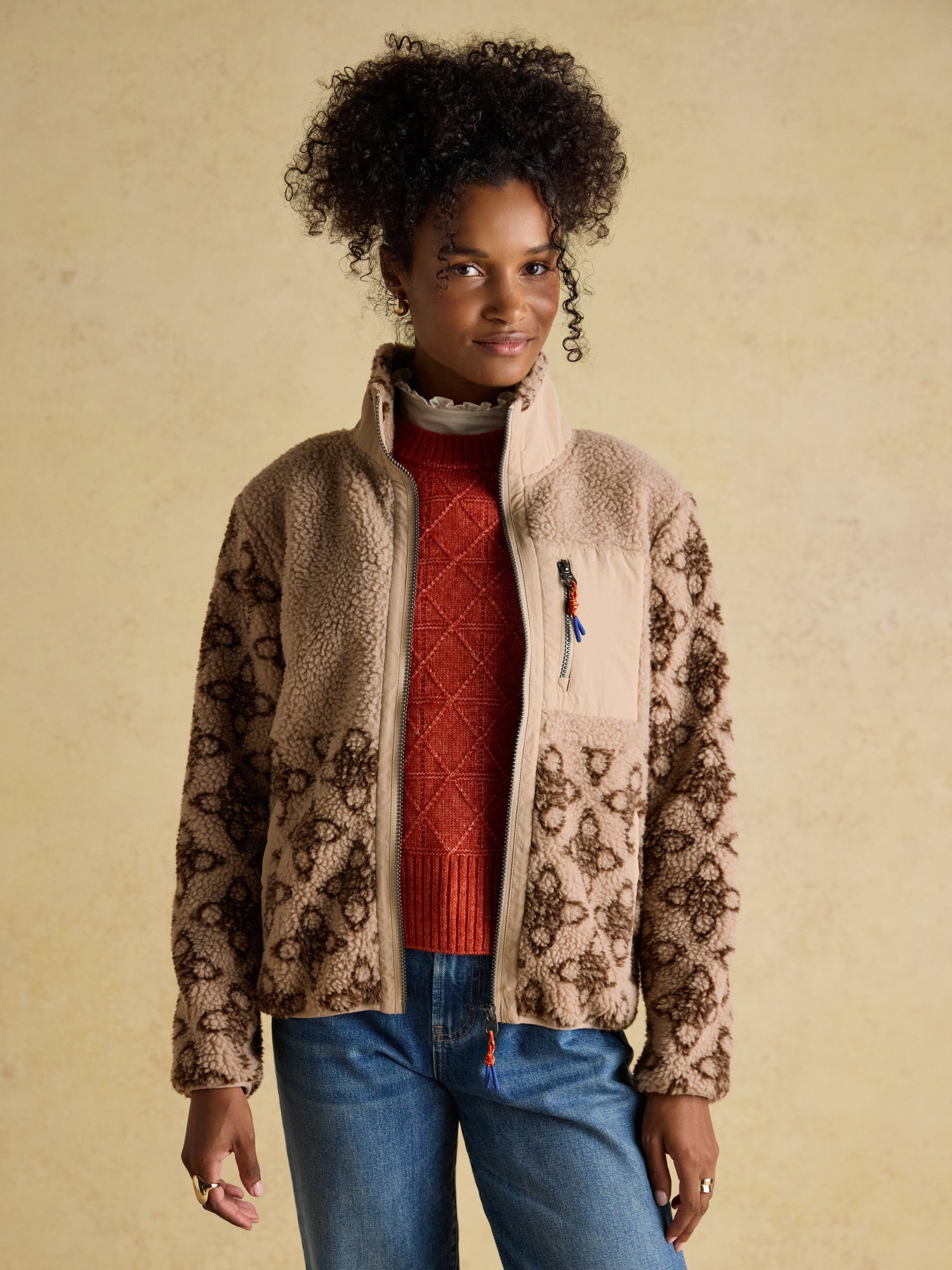 Joules Lottie Neutral Icon Print Borg Fleece with Zip Fastening