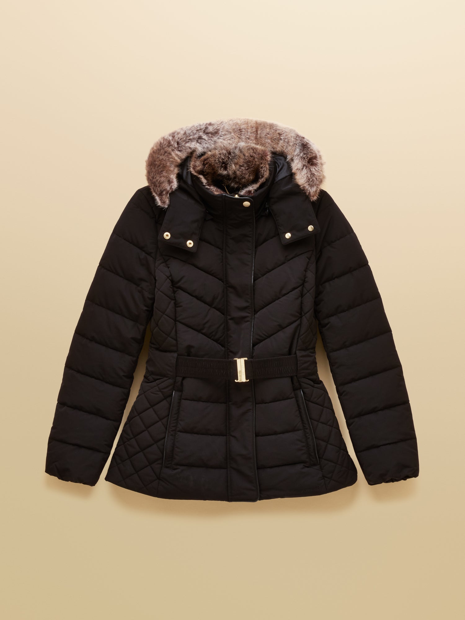 Joules Aspen Black Showerproof Padded Coat with Faux Fur Hood