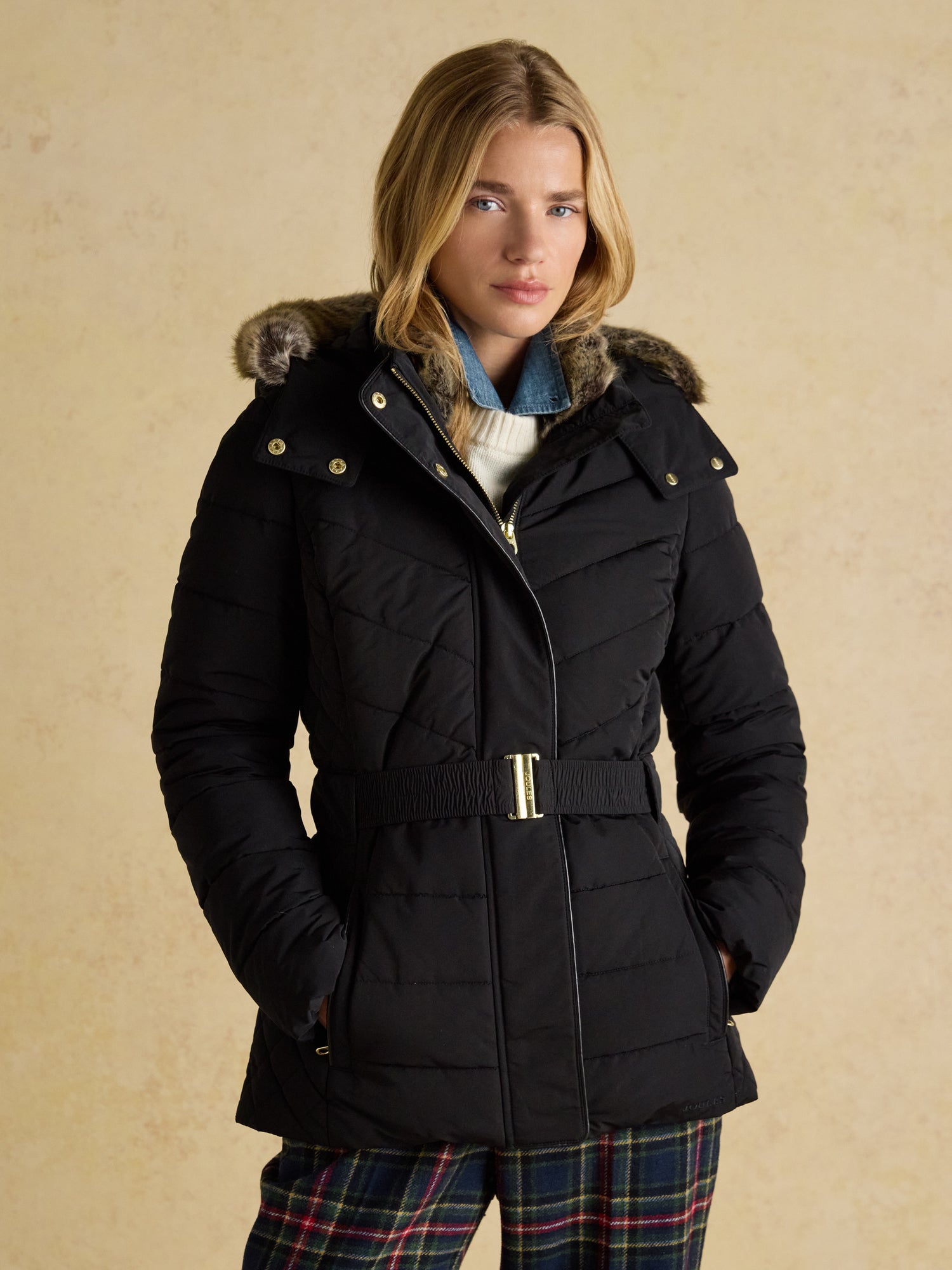 Joules Aspen Black Showerproof Padded Coat with Faux Fur Hood