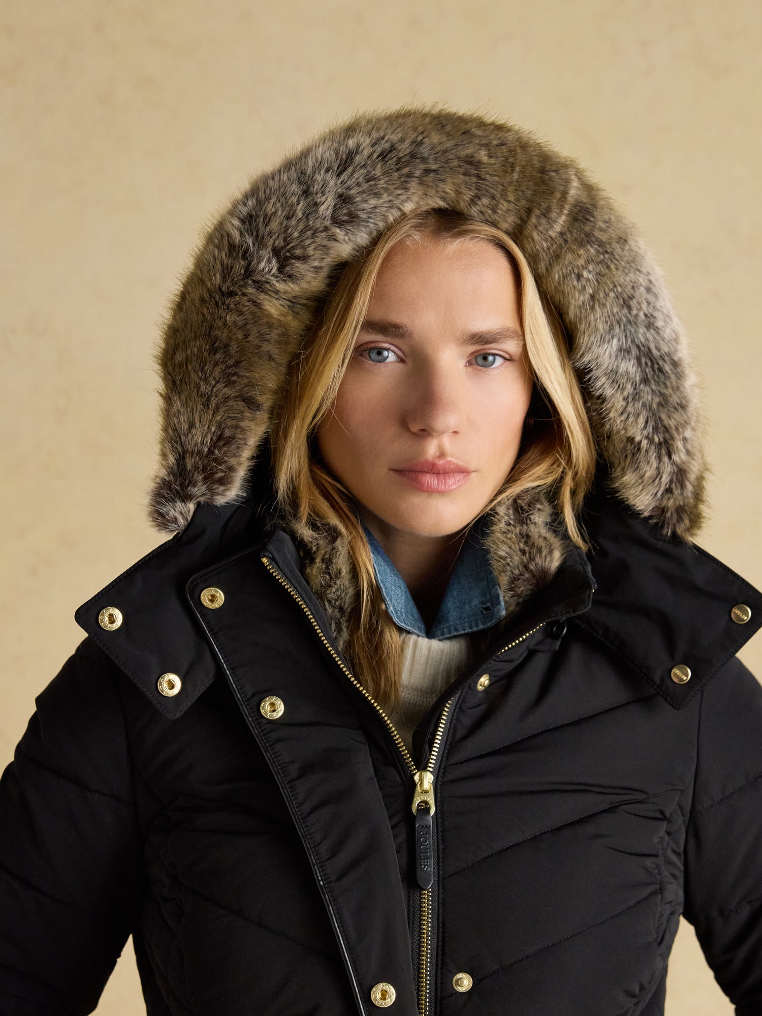 Joules Aspen Black Showerproof Padded Coat with Faux Fur Hood