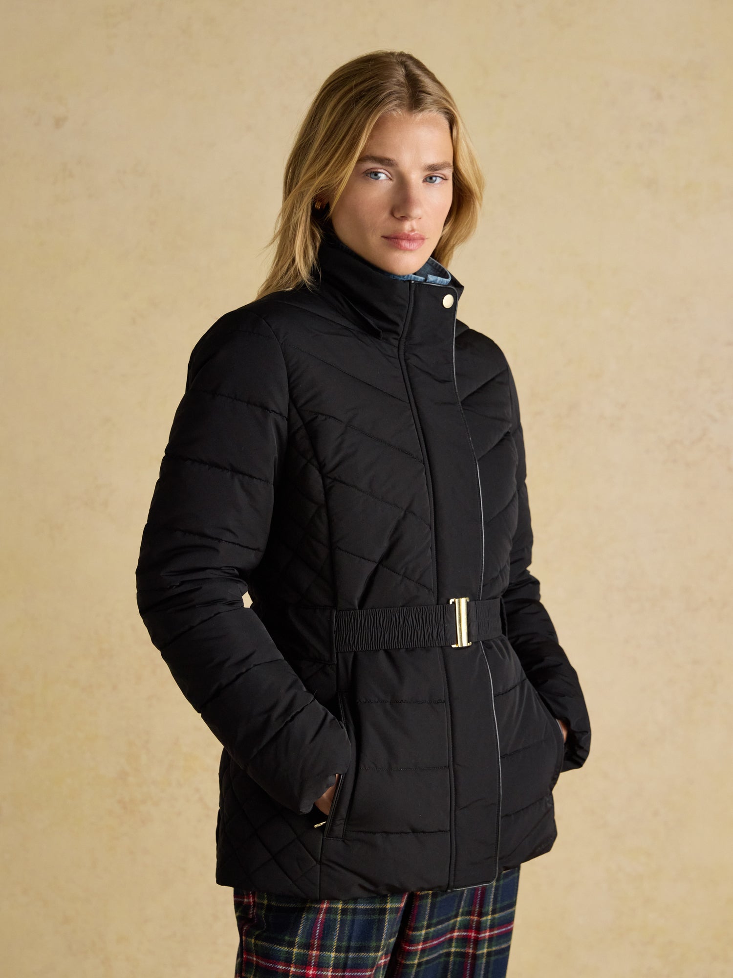 Joules Aspen Black Showerproof Padded Coat with Faux Fur Hood
