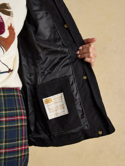 Joules Aspen Black Showerproof Padded Coat with Faux Fur Hood