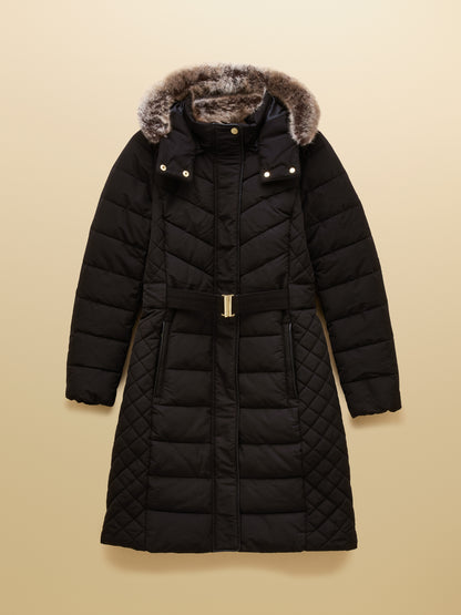 Joules Aspen Long Black Showerproof Padded Coat with Faux Fur Hood