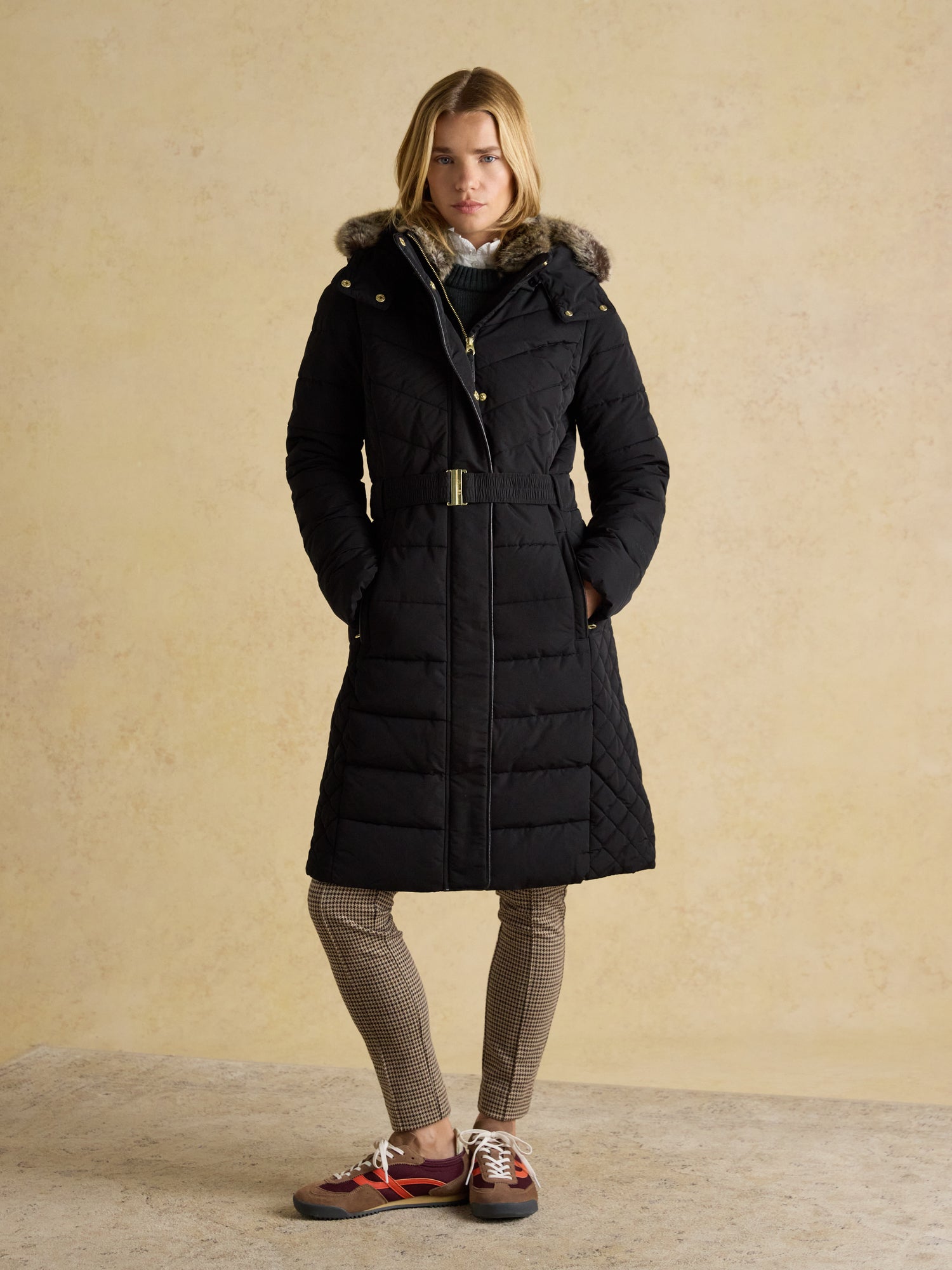 Joules Aspen Long Black Showerproof Padded Coat with Faux Fur Hood